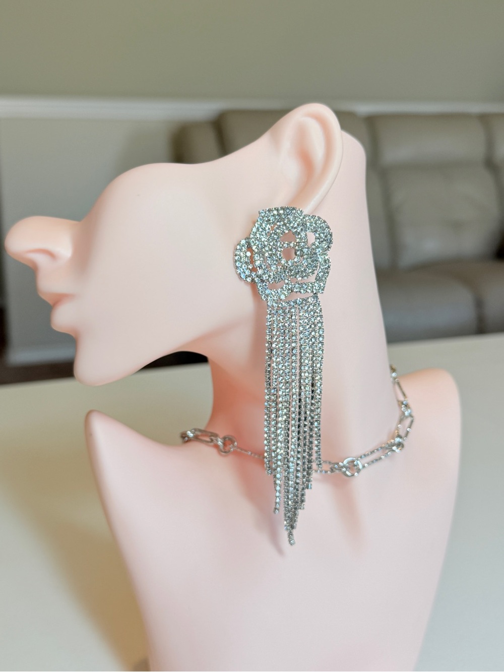 Rhinestone  Silver Floral Tassel Statement Earrings